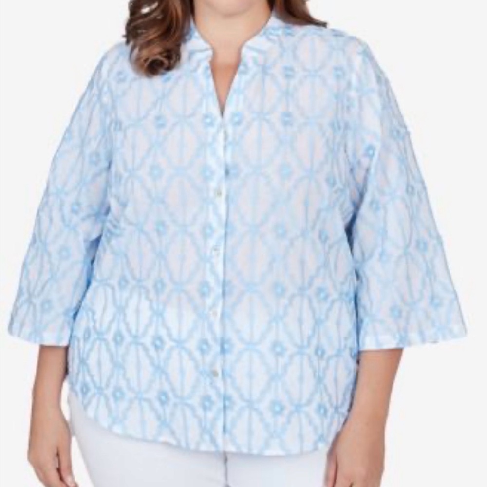 NWT Ruby Rd Plus Size 2X Blue White Embroidered V… - image 1